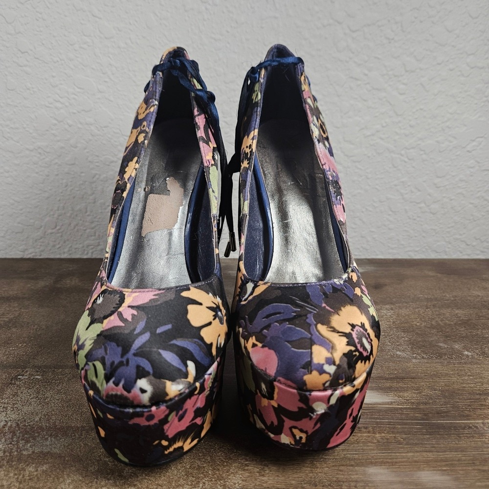Alba Floral Lace Up Platform Pumps Blue Multi Color Stiletto Heels Womens 7.5 - Picture 9 of 12